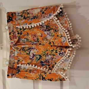 E2 Clothing Women's Small Orange Floral Wrapped PomPom Shorts